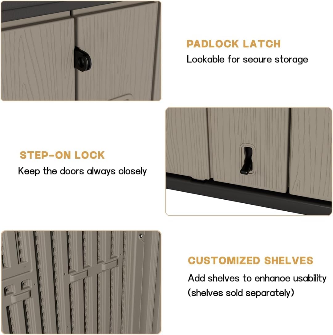 KINYING Outdoor Horizontal Storage Sheds,Outdoor Storage Cabinet Waterproof Resin Tool Storage Box for Lawn Mower,Garden Tools and Patio Furniture, Lockable (Brown)