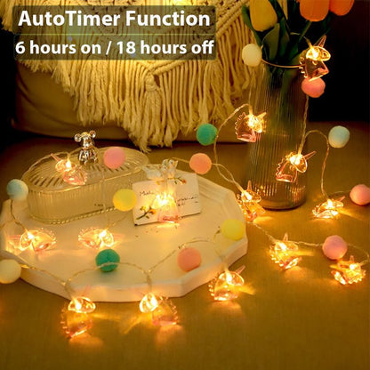 9.85FT Unicorn String Lights Cute Pom Poms Fairy LED String Lights Battery Operated with Timer Decor Lights for Kids Bedroom Birthday Party Kids Playhouse Wedding Valentine's Day Christmas Decorations