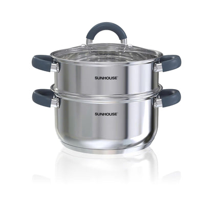 SUNHOUSE 3 Quarts Steamer Pots With Lid, 2-Tier Multipurpose Stainless Steel Steaming Pot Cookware With Stay-Cool Handles, Tri-ply Bottom, Compatible with All Cooktops