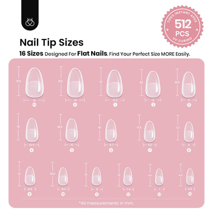 Beetles Tipex Instant Apex Nail Tips Kit, Coffin Long 224Pcs 16 Sizes Pre-Building & Pre-Etched Thicker Acrylic Nails False Nail Extension with Tipex Nail Glue Mini Nail Lamp