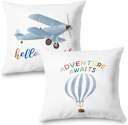 16x16 Set 2, Hot Air Balloon Airplane Nursery Decor, Hello World Adventure Awaits Airplane Hot Air Balloon Pillow Case