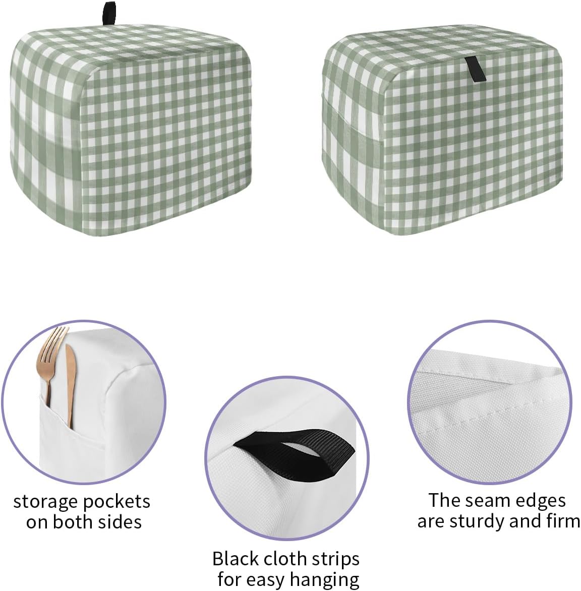 Sage Green Buffalo Plaid Toaster Cover 4 Slice - Large Kitchen Appliance Cover with Loop, Polyester Dust Protection
