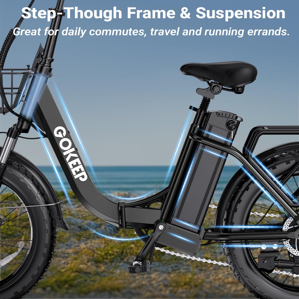 GOKEEP Folding Electric Bike, 1300W Peak Motor, 75 Miles PAS Range, 52V 13Ah Removable Battery, 20" Fat Tire & Front Suspension Electric Bicycles, 20MPH 7-Speed Commuter Ebike, UL2849 Certified, Black