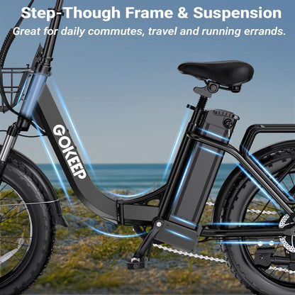GOKEEP Folding Electric Bike, 1300W Peak Motor, 75 Miles PAS Range, 52V 13Ah Removable Battery, 20" Fat Tire & Front Suspension Electric Bicycles, 20MPH 7-Speed Commuter Ebike, UL2849 Certified, Black