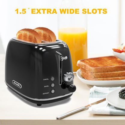 Toaster 2 Slice, Retro Stainless Steel Toaster with 6 Settings, 1.5 In Extra Wide Slots, Removable Crumb Tray, Bagel