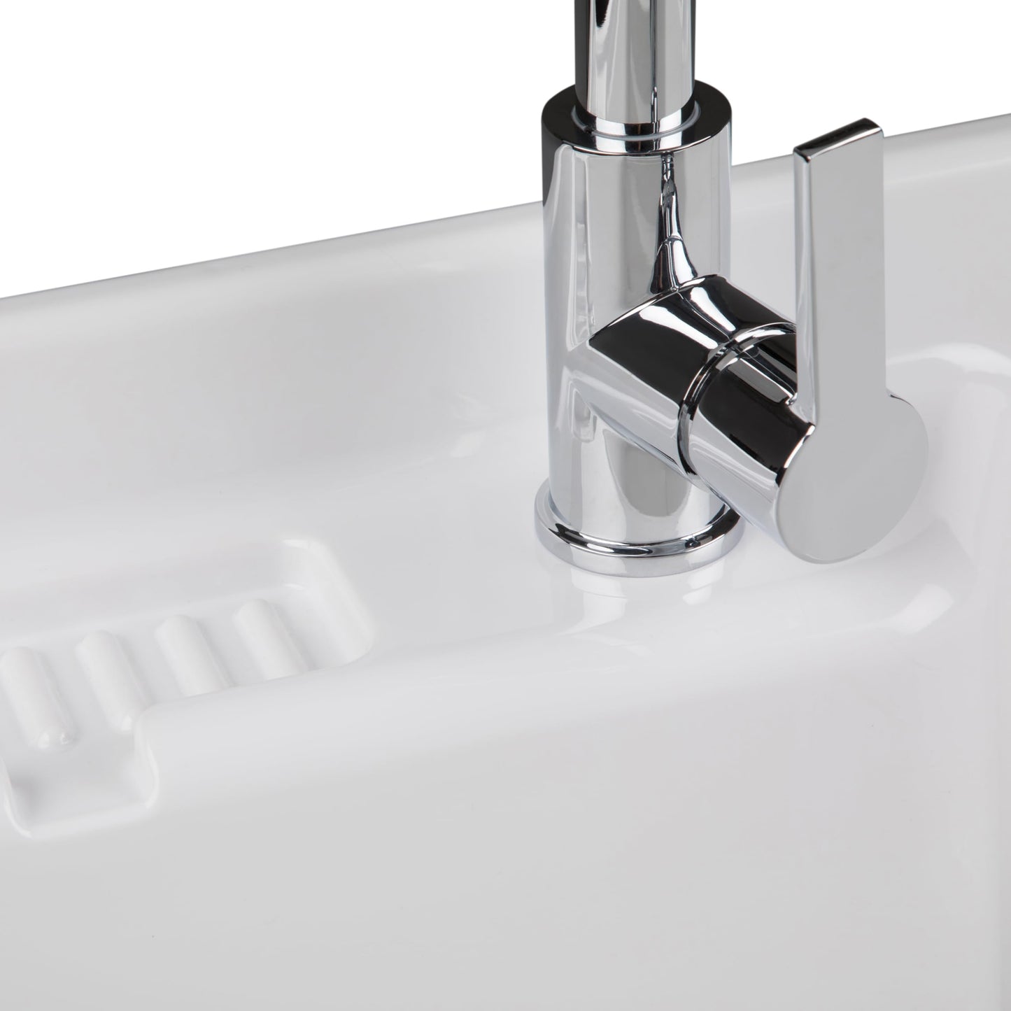 SIMPLIHOME Maile All-in-One 28 inch Wide Utility Sink and Laundry Cabinet in Pure White Finish, Transitional ABS Sink Cabinet for Laundry Rooms or Garage with High-Arch Chrome Faucet and Storage