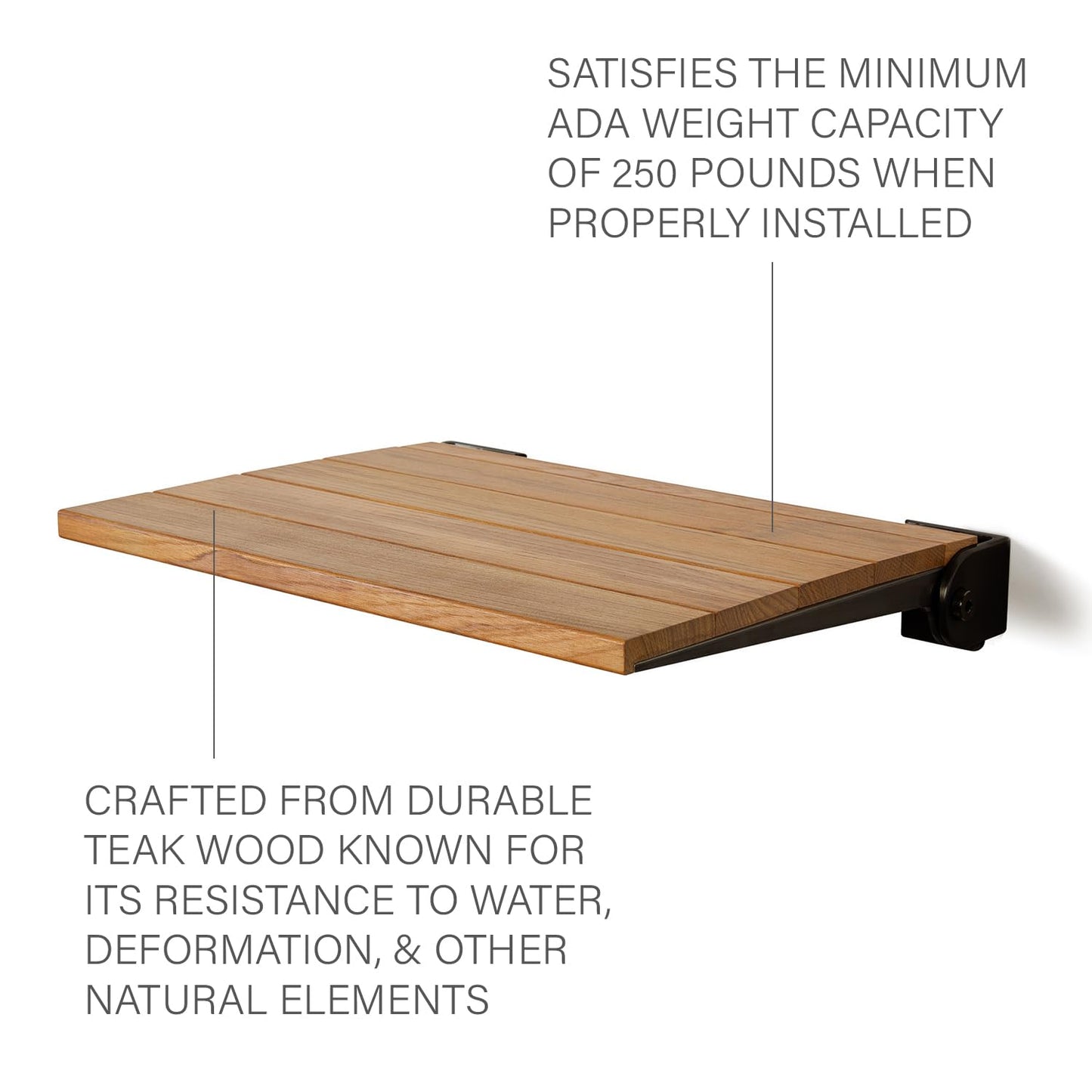 Seachrome 18 inch Silhouette Slimline Folding Wall Mount Shower Bench Seat, Natural Teak Wood with Matte Black Frame