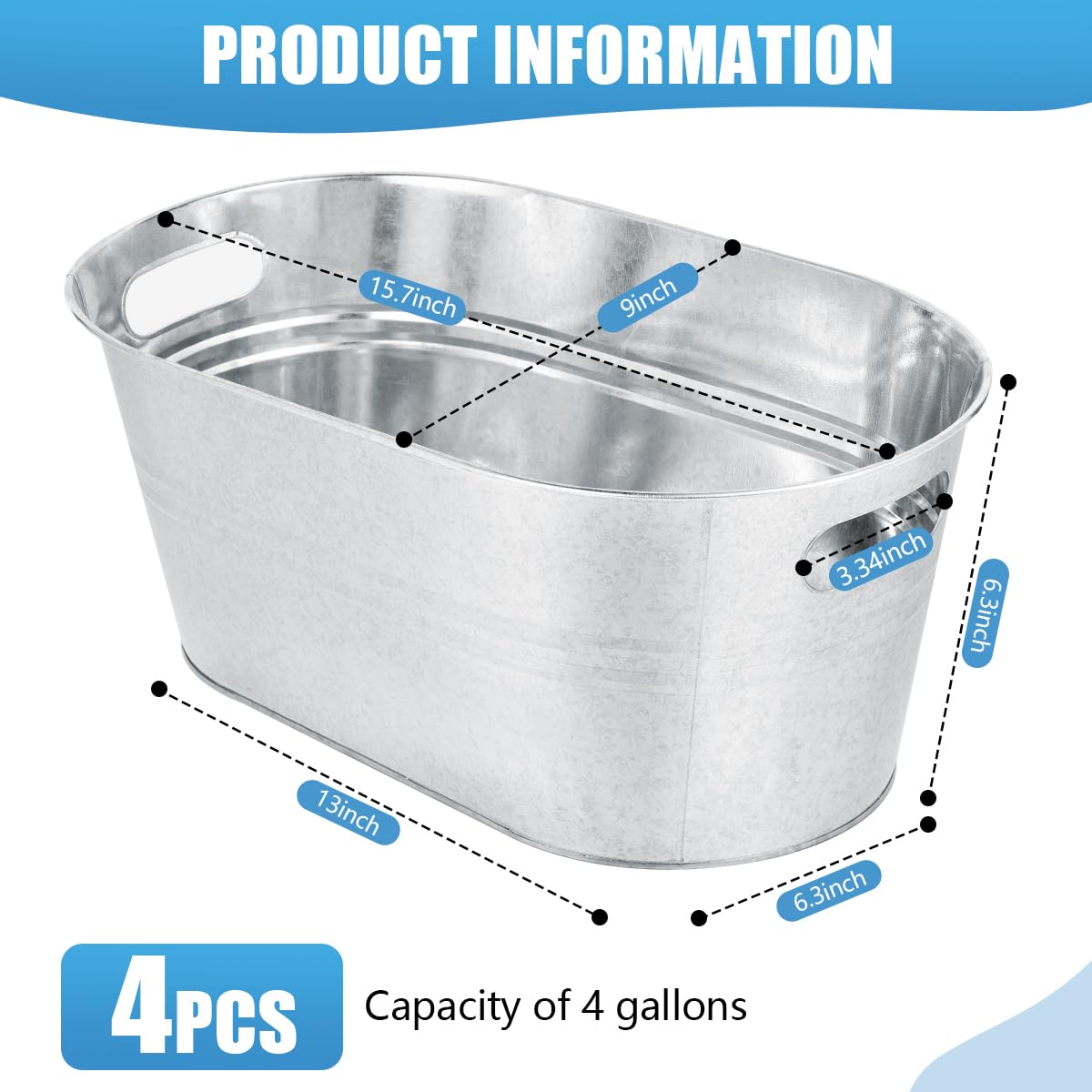 OBTANIM 4 Pack 4 Gallon Galvanized Ice Buckets Metal Champagne Drink Cooler Storage Ice Tub with Carry Handles for Beer Cocktails Wine Beverage Home Parties Bar Cooling Supplies