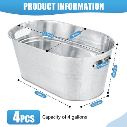 OBTANIM 4 Pack 4 Gallon Galvanized Ice Buckets Metal Champagne Drink Cooler Storage Ice Tub with Carry Handles for Beer Cocktails Wine Beverage Home Parties Bar Cooling Supplies