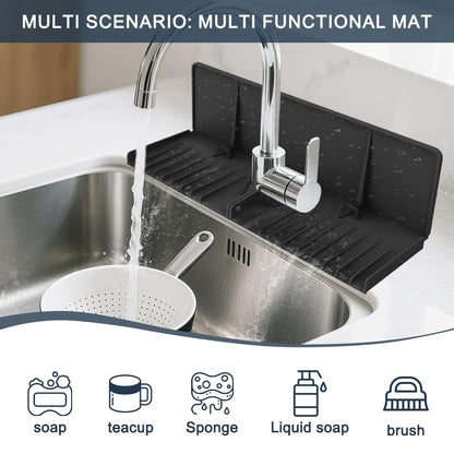 Silicone Faucet Drip Catcher Tray Mat - Upgraded Design - Sink Backsplash Guard Behind Faucet, Silicone Faucet Mat for Dish Soap Sponge Holder, Kitchen Counter Bathroom Kitchen Sink Splash Guard-Black
