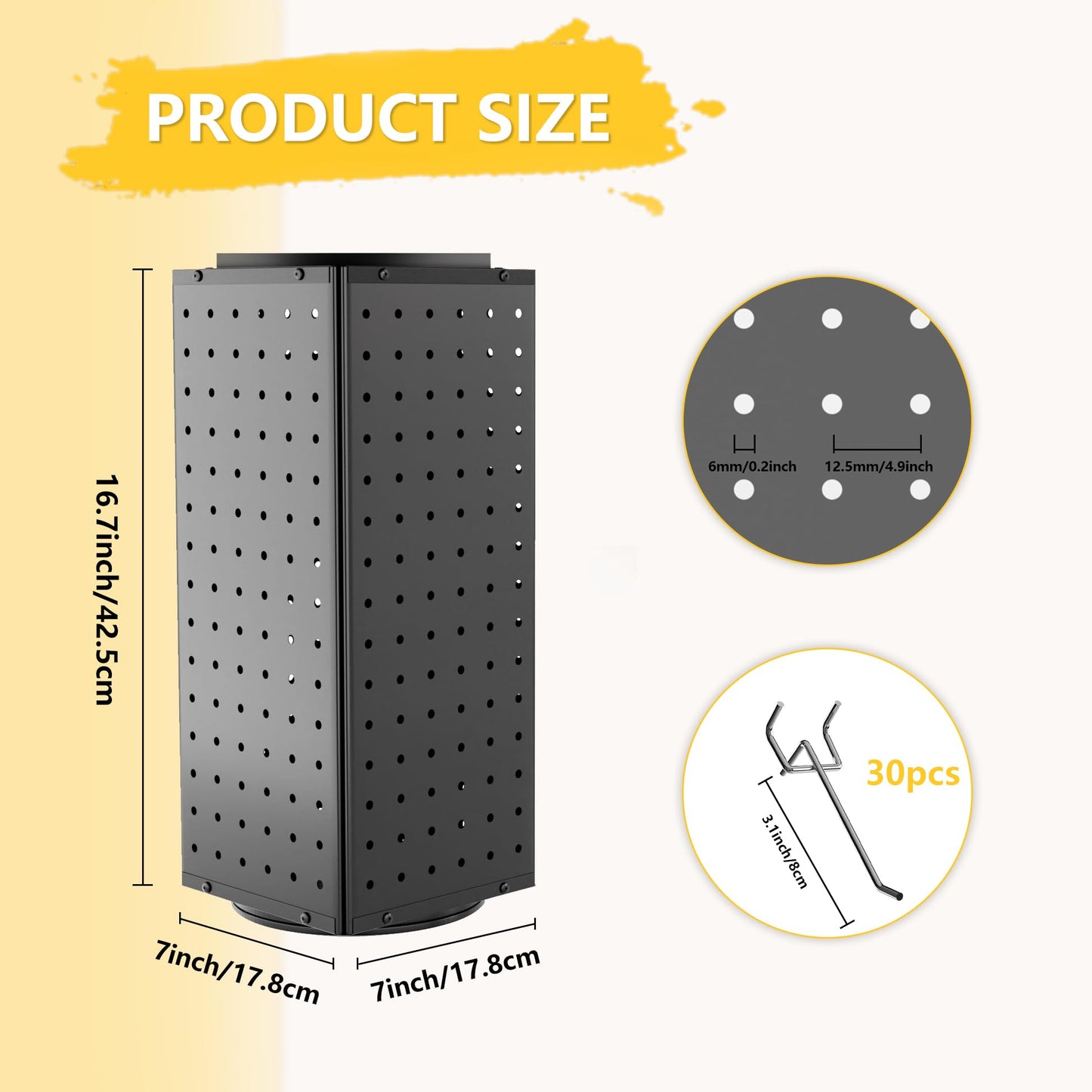 BYCY Rotating Pegboard Display Stand with 30 Hooks,Metal Spinning Peg Board Displays for Craft Shows,4-Sided Jewelry and Accessories Display Racks for Markets,Vendors,Events&Retail Stores (Black)