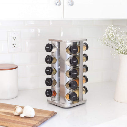 Orii 20 Jar Rotating Spice Rack with Spices Included & 5-Year Free Spice Refill Program – Stainless Steel Countertop Spice Rack with 3 oz Glass Jars