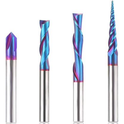 HQMaster 4 Pcs CNC Router Bits Set 1/4” Shank Tungsten Carbide Multiple Uses Router Bit End Mill for Woodworking Detail Carving Trimming V Groove Engraving Sign Making Grooving Slots and Mortises