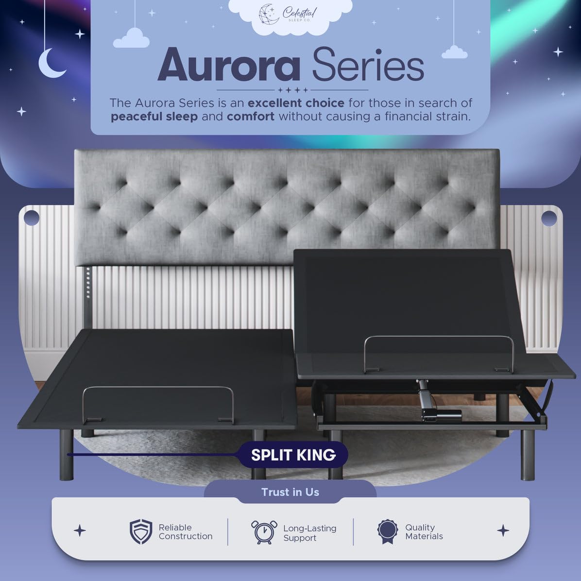 Celestial Sleep Aurora Adjustable Bed Base (Frame Only), Easy Assembly, Head and Foot Lift, Zero Gravity, Memory Positions - Split King
