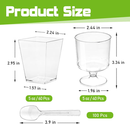200 Pack 5 oz Plastic Dessert Cups with Spoons, Disposable Parfait Shooter Pudding Jello Cups Goblets for Party, Clear