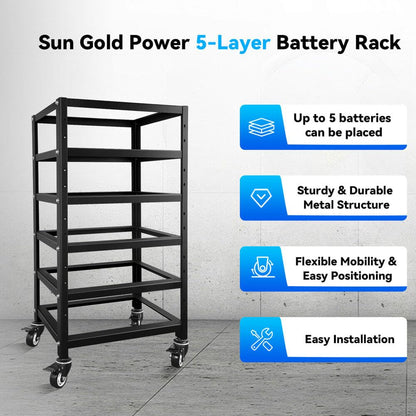 SUNGOLDPOWER 3U Server Rack 5-Layer for Stackable 48V 100AH Rack Lithium Batteries, Open Ventilation Design with Wheels, for Solar System and Energy Storage