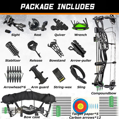 Surwolf Bow Composite Bow Set, 18" - 30" Drawing, 0.0-70 lbs, with All Accessories for Archery Hunting Target Shooting Practice RTH (Black)