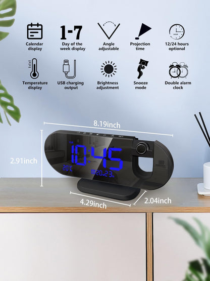 Projection Alarm Clock 2024 with 180° Rotatable Projector for Bedroom Ceiling, Clear LED Display and USB Charger