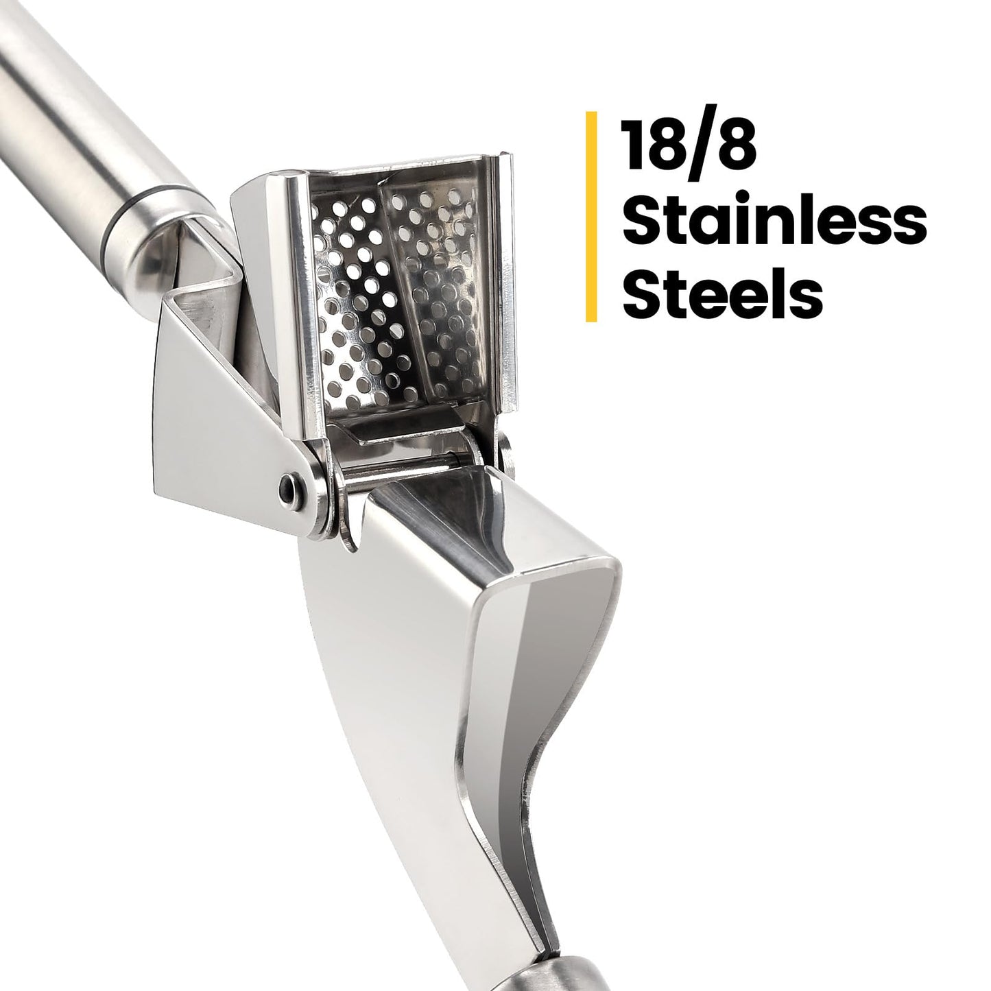 Garlic Press Mincer, 304 Stainless Steel Garlic Press with Garlic Peeler Tube, Heavy Duty Metal Ginger Press, Silver