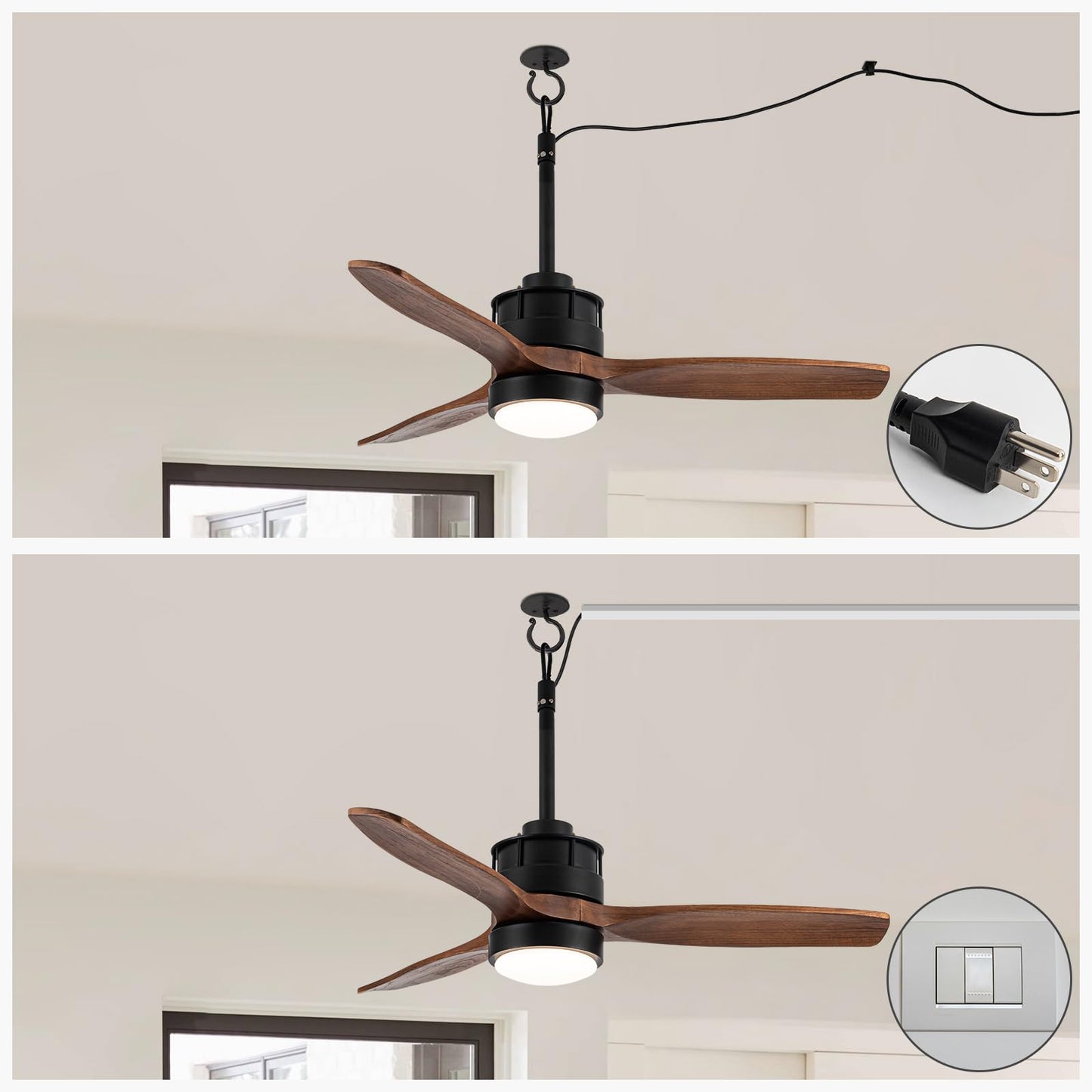 EKIZNSN 32“ Wet Rated Ceiling Fans with Lights Outdoor Hanging for Gazebo Waterproof, DC Motor w 3 Reversible Walnut Wood Blades, Walnut