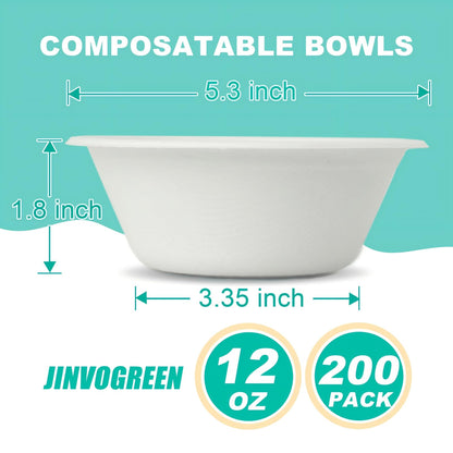 JINVOGREEN 200 Count 12 oz Paper Bowls, Disposable Compostable Bowls Bulk, Heavy Duty Biodegradable Bagasse Bowl for Snacks, Soup, and Salads, White