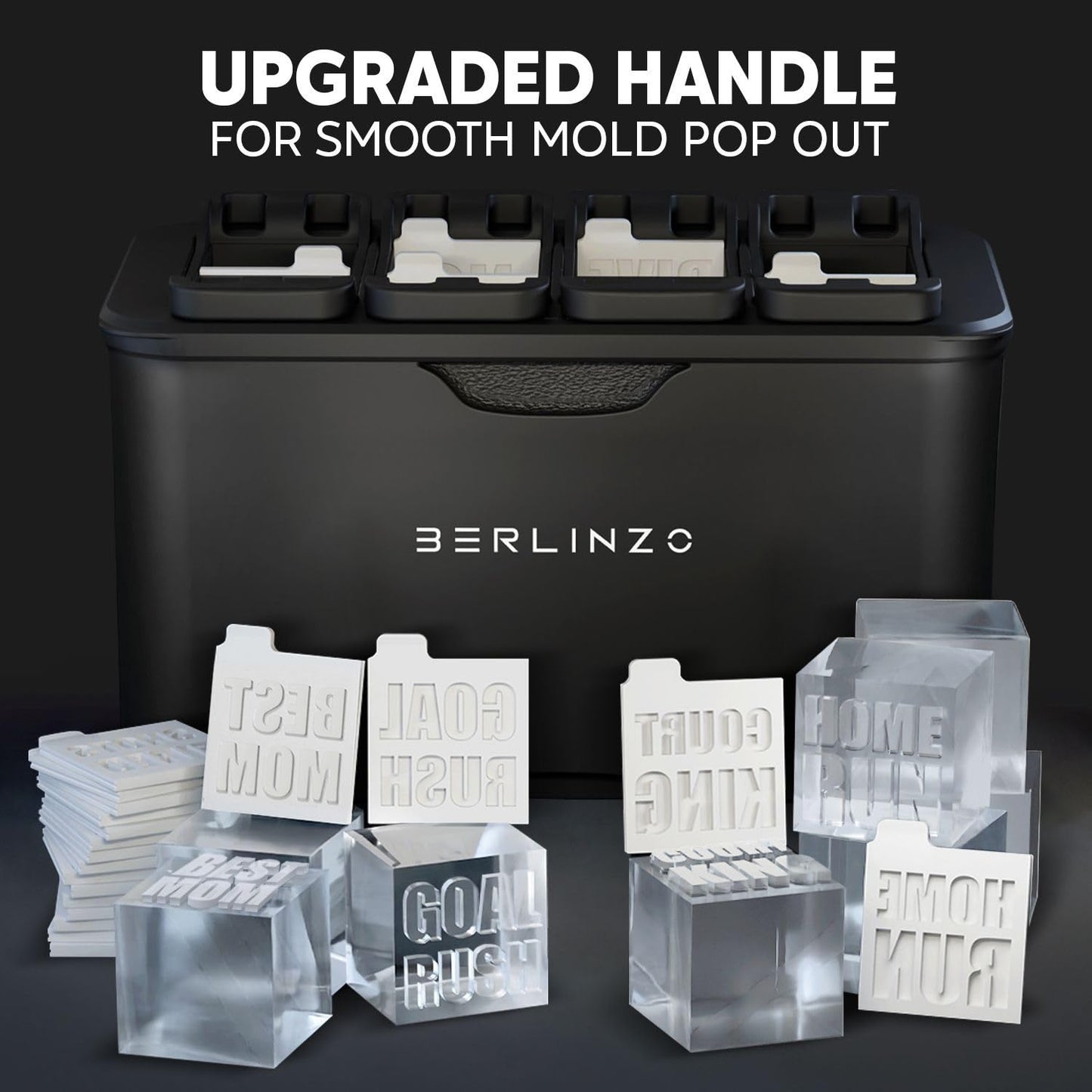 Berlinzo Premium Clear Ice Cube Maker with Conversation Ice Prints – 8 Large 2.1" Crystal Clear Ice Squares – Giftable Idea for Party, Game Night & Just for Fun – Includes Storage Bag (Non-Electric)