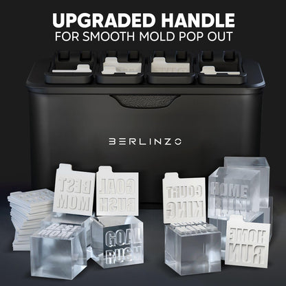 Berlinzo Premium Clear Ice Cube Maker with Conversation Ice Prints – 8 Large 2.1" Crystal Clear Ice Squares – Giftable Idea for Party, Game Night & Just for Fun – Includes Storage Bag (Non-Electric)