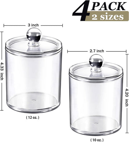 SheeChung Qtip Holder Set - Clear Acrylic Apothecary Jars | Shatterproof Bathroom Organizer (4-Pack)