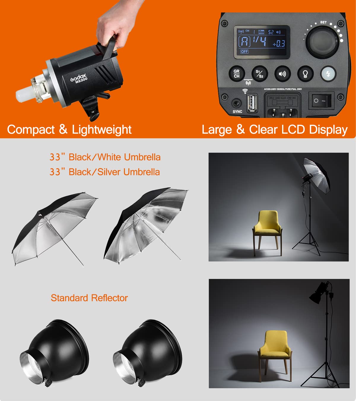 2pcs Godox MS300 600W Studio Strobe Flash Kit Bowens Mount Lighting,2.4G Wireless GN58 5600K Monolight with 150W Modeling Lamp,RT-16 Flash Trigger,Light Stands,Softbox,Umbrellas,Reflectors