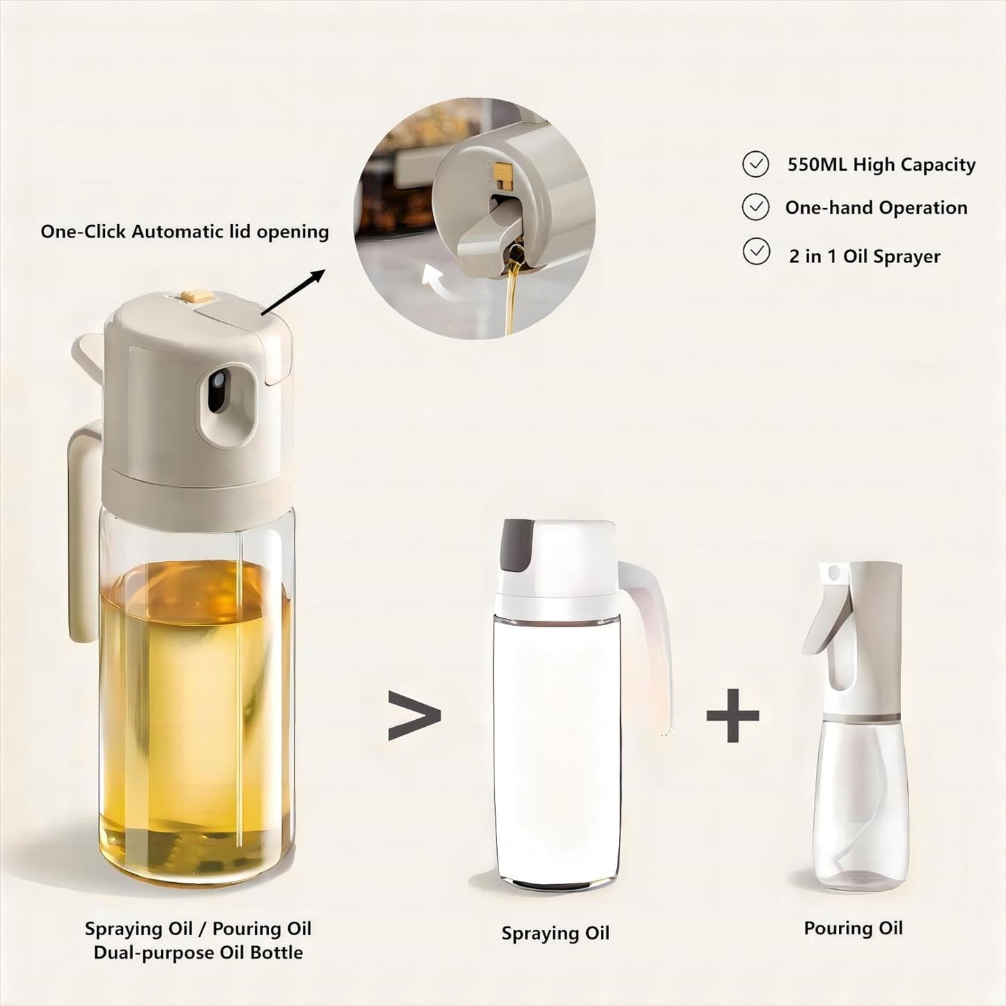 Oil Dispenser Bottle for Kitchen, 2 in 1 Oil Sprayer & Dispenser, 18.5 OZ Olive Oil Bottle
