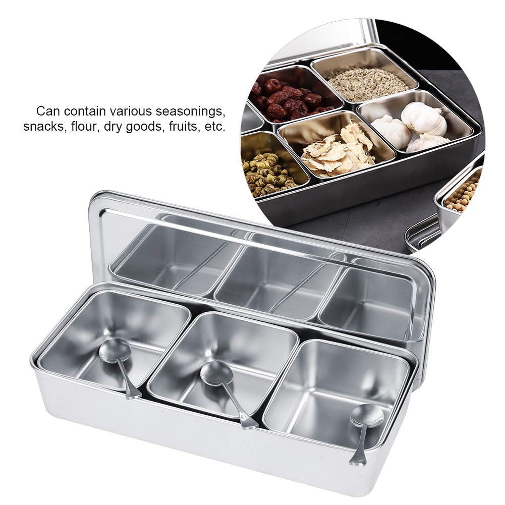 Hapivida Stainless Steel Seasoning Box, 3 Compartment Dispenser Container with Lid Food Serving Display Container Serving Tray Large Capacity Kitchen Condiment Storage Silver