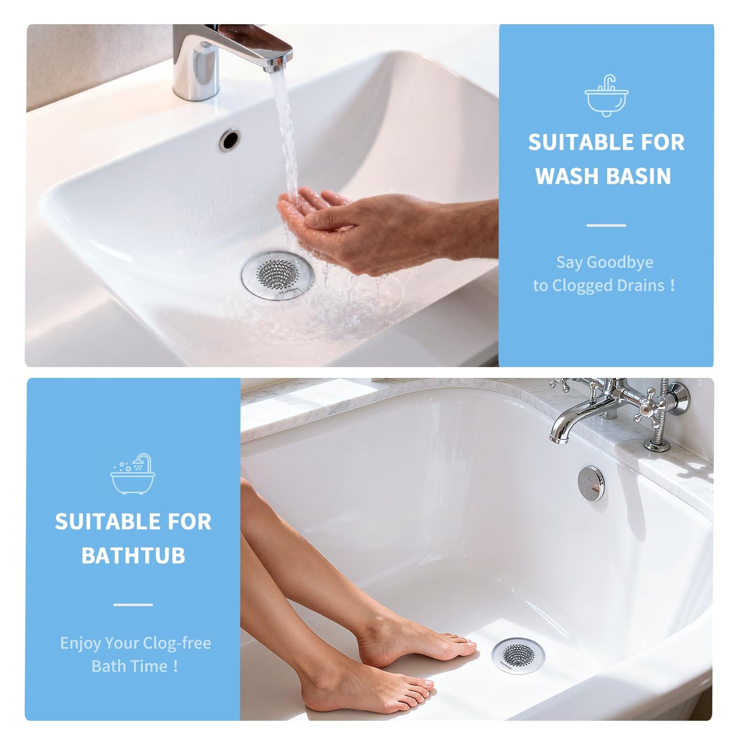 TRAPMATE Bathtub Stopper Drain Strainer Kit, Easy Clean Tub Shower Drain Hair Catcher, Anti-Clog Stainless Steel Sink Cover, Drain Protector for Bathroom Sink & Wash Basin (Patented Product)