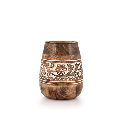 Kaizen Casa Utensil Crocks Mango Wood Utensil Holder for Kitchen Counter Round Countertop Storage Organizer for Cooking Tools (4" x 4" x 5.5" )