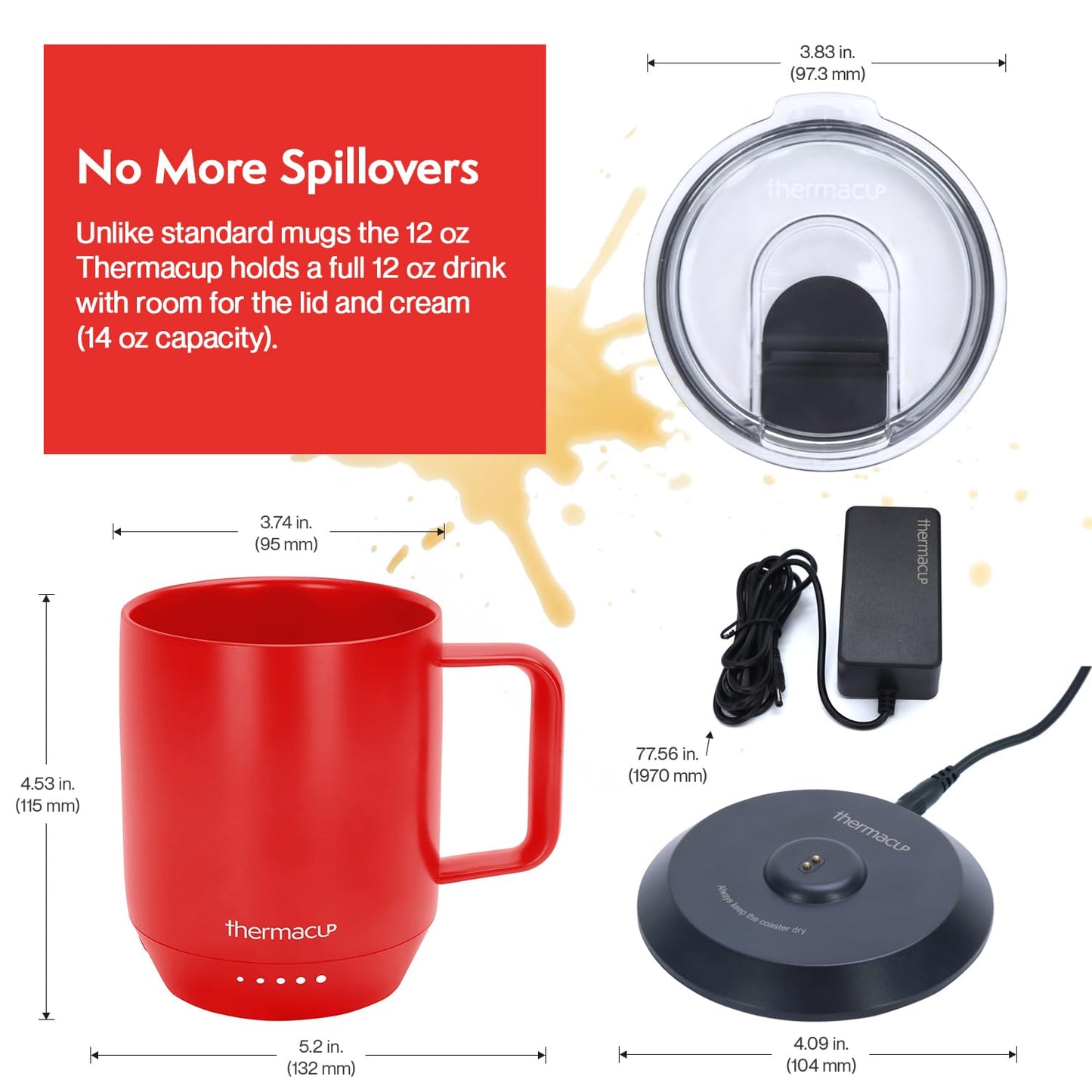 THERMACUP Premium Self Heating Coffee Mug, Temperature Controlled Heated Cup, Long Battery Life, Portable Electric Mug Warmer, Stainless Steel, Gift for Coffee Lovers, Home & Office (Cherry Red)