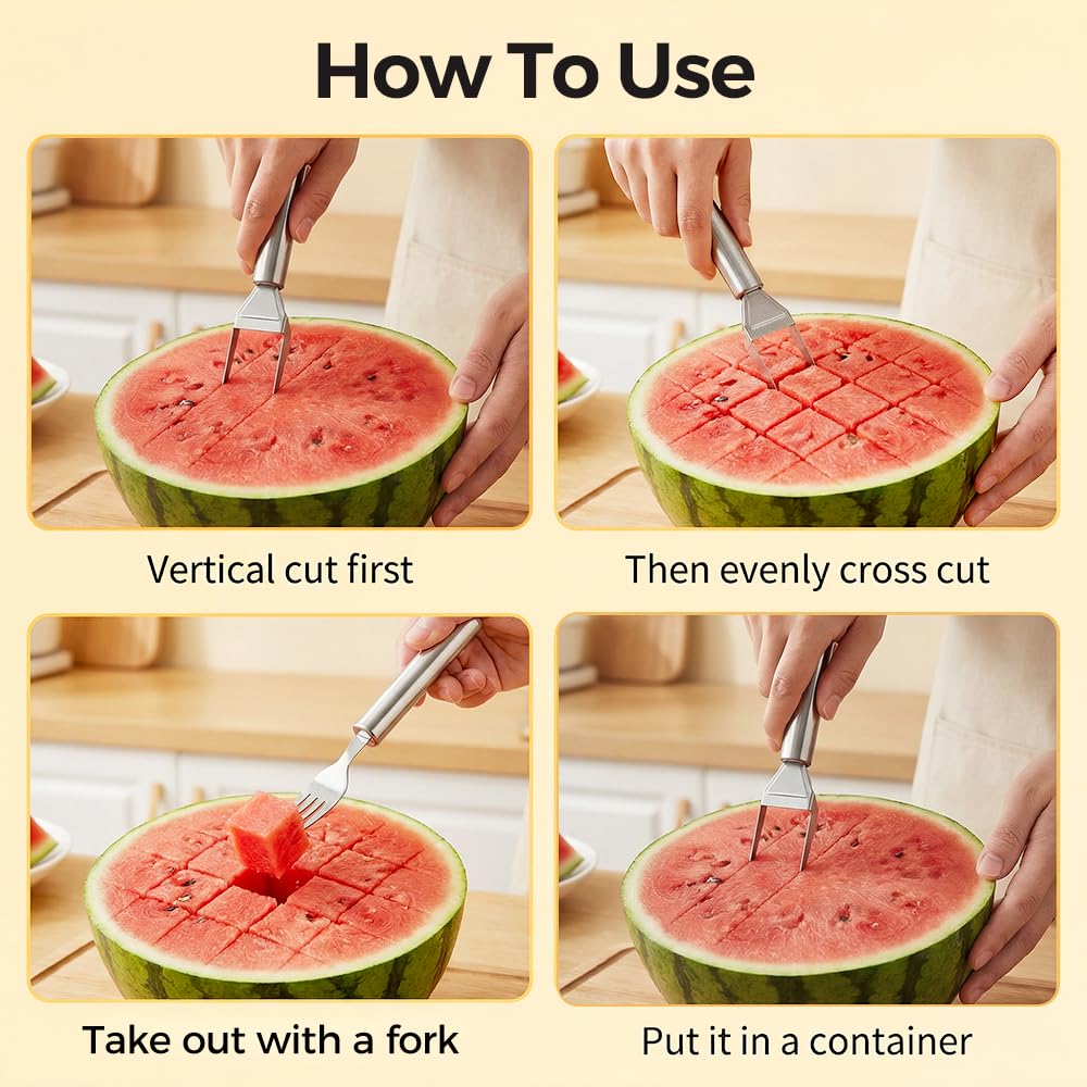 2-in-1 Stainless Steel Fruit Cutter, 2026 New Watermelon Fork Slicer Tool, Watermelon Slicer and Fork, Dual Head Fruit Forks for Home, Kitchen Fruit Cubes (1, Style-A)