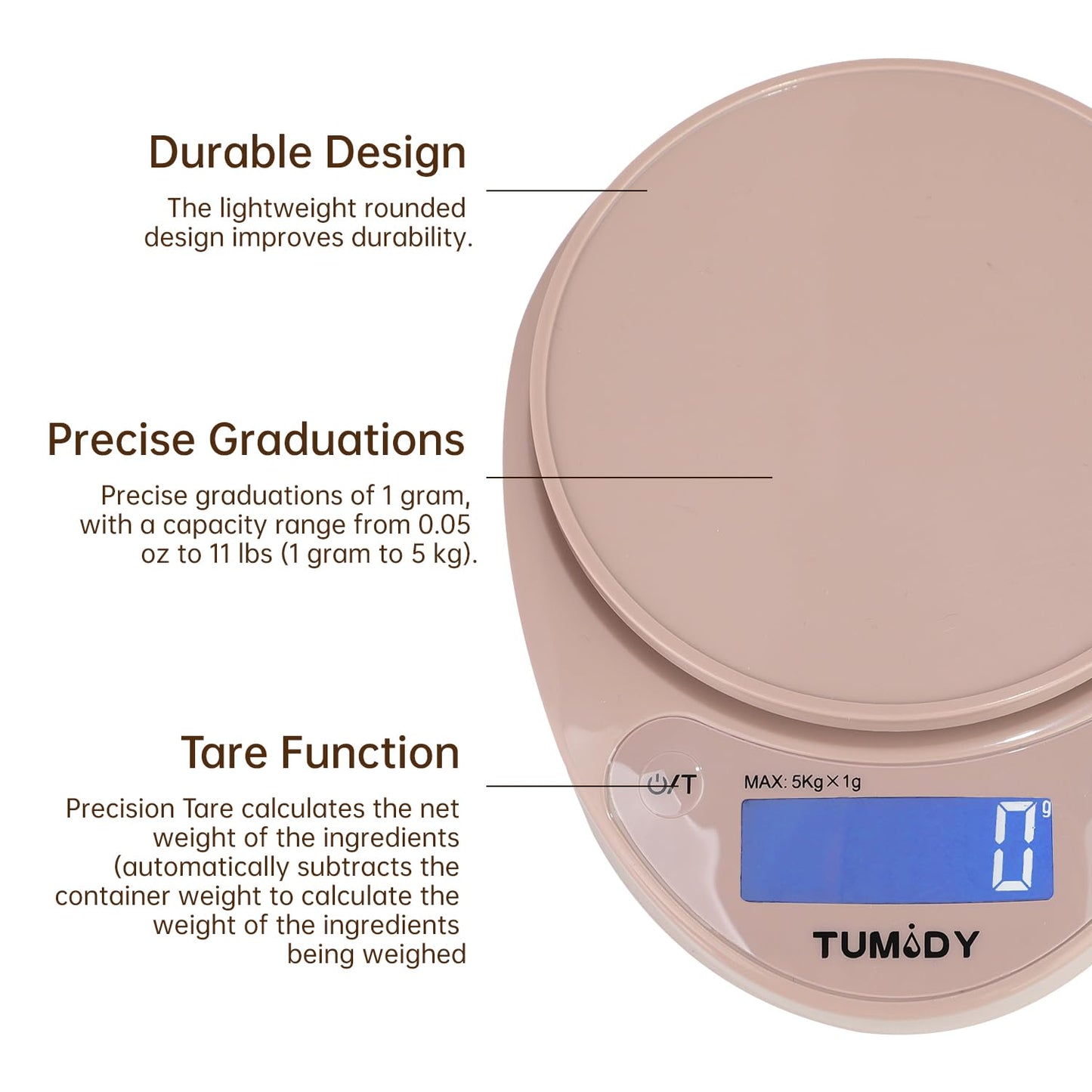 Small Digital Kitchen Scale Food -11lb/5kg Kitchen Weight Scale with LCD Display for Weight Loss, Sourdough Bread, Baking, Cooking, Keto and Meal Prep, 1g Precision, Batteries Included, Pink