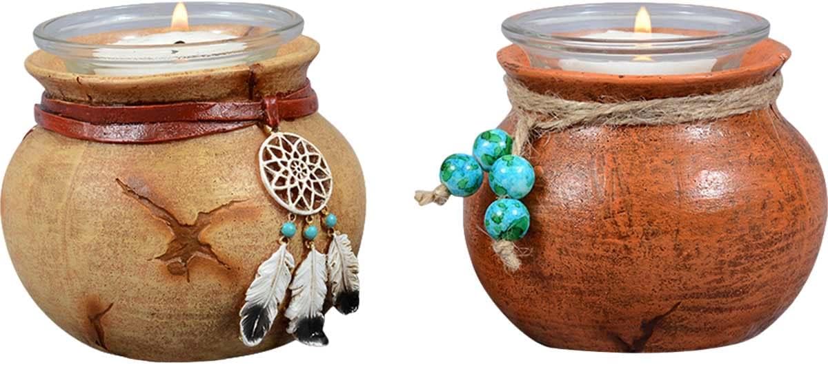 Southwest Pots Candle Holders – Set of 2 Rustic Votive Holders with Twine & Bead Accent – 3.6" x 2.8"