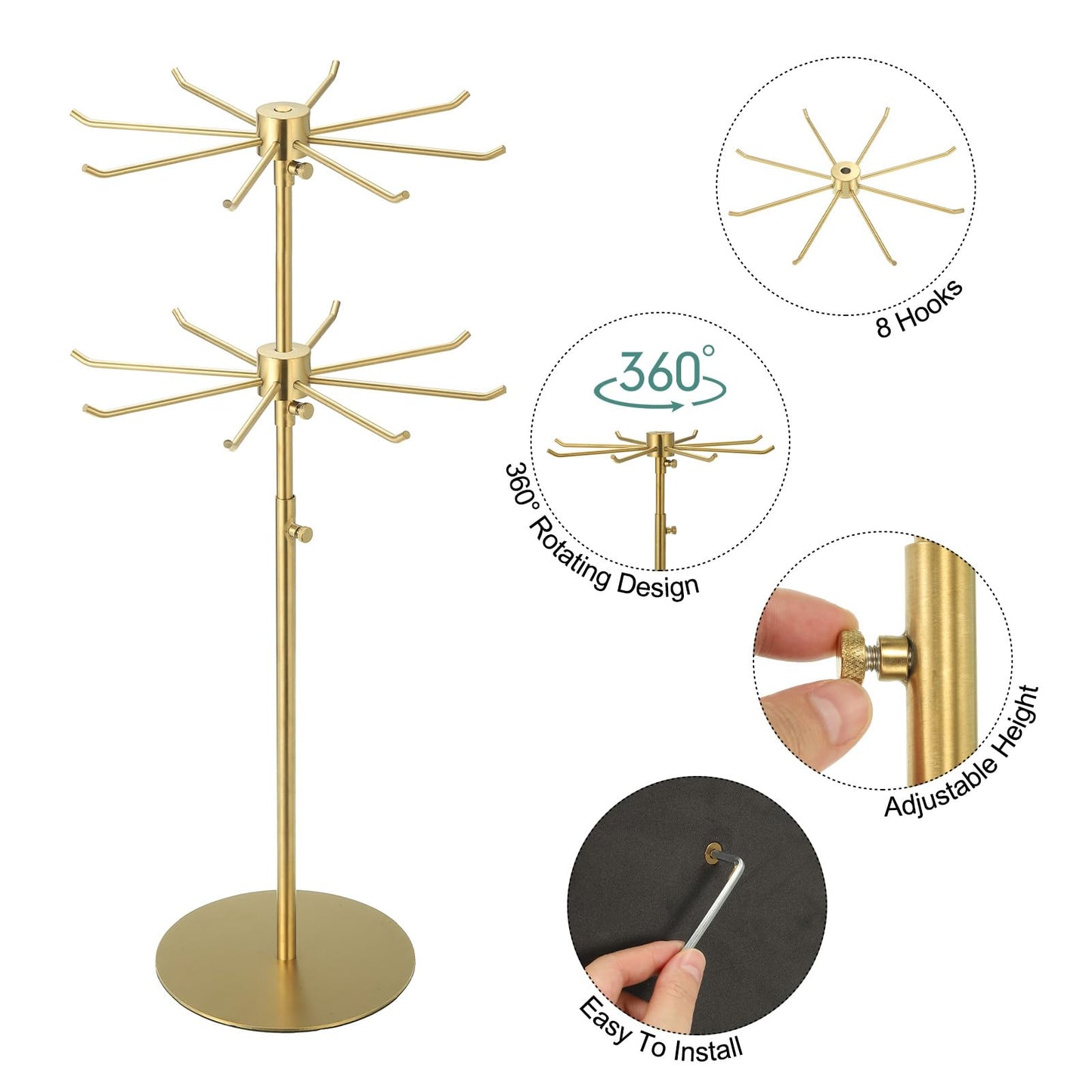 uxcell Keychain Display Stand, 1Pcs - Metal 2-layer Rotating Jewelry Display Stand with 8 Hook, Adjustable Display Rack for Necklace Craft Shows (Gold)
