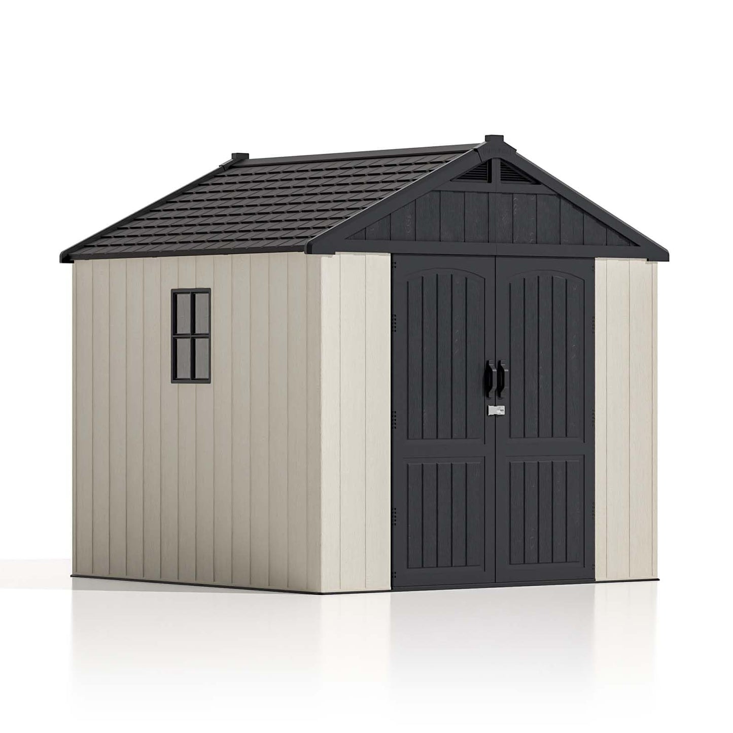 Patiowell 8x8 FT Outdoor Storage Shed, Plastic Shed Resin Garden Tool Shed with Floor & Window & Lockable Door for Patio Furniture, Backyard Tools, Bicycles & Lawnmower, Beige