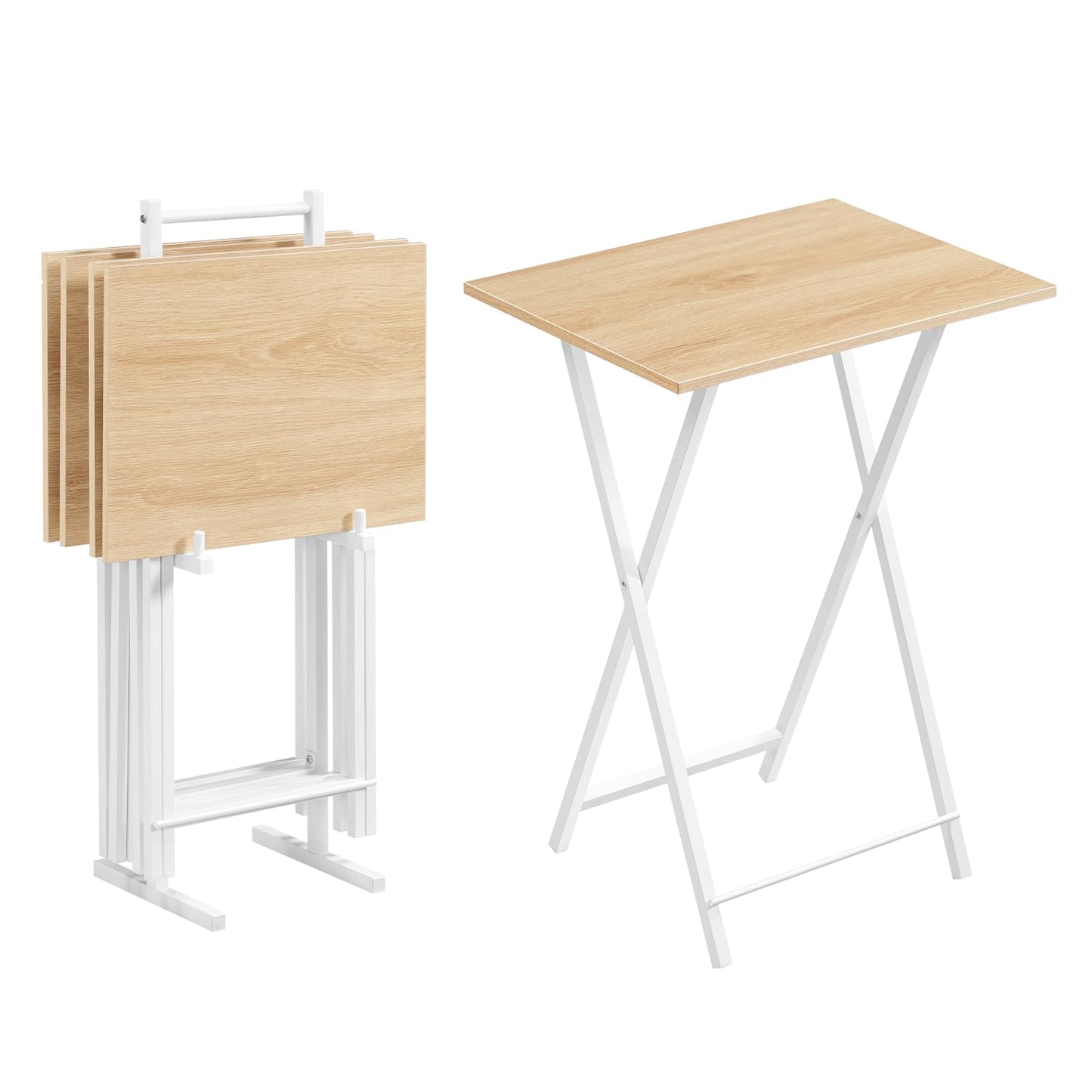 HOOBRO Folding TV Tray Tables, Set of 4 TV Trays with Storage Rack, Industrial Side Table for Eating at Couch, Foldable Snack Table for Small Space, Easy Assembly, Natural and White, WN50BZ01
