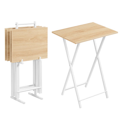 HOOBRO Folding TV Tray Tables, Set of 4 TV Trays with Storage Rack, Industrial Side Table for Eating at Couch, Foldable Snack Table for Small Space, Easy Assembly, Natural and White, WN50BZ01