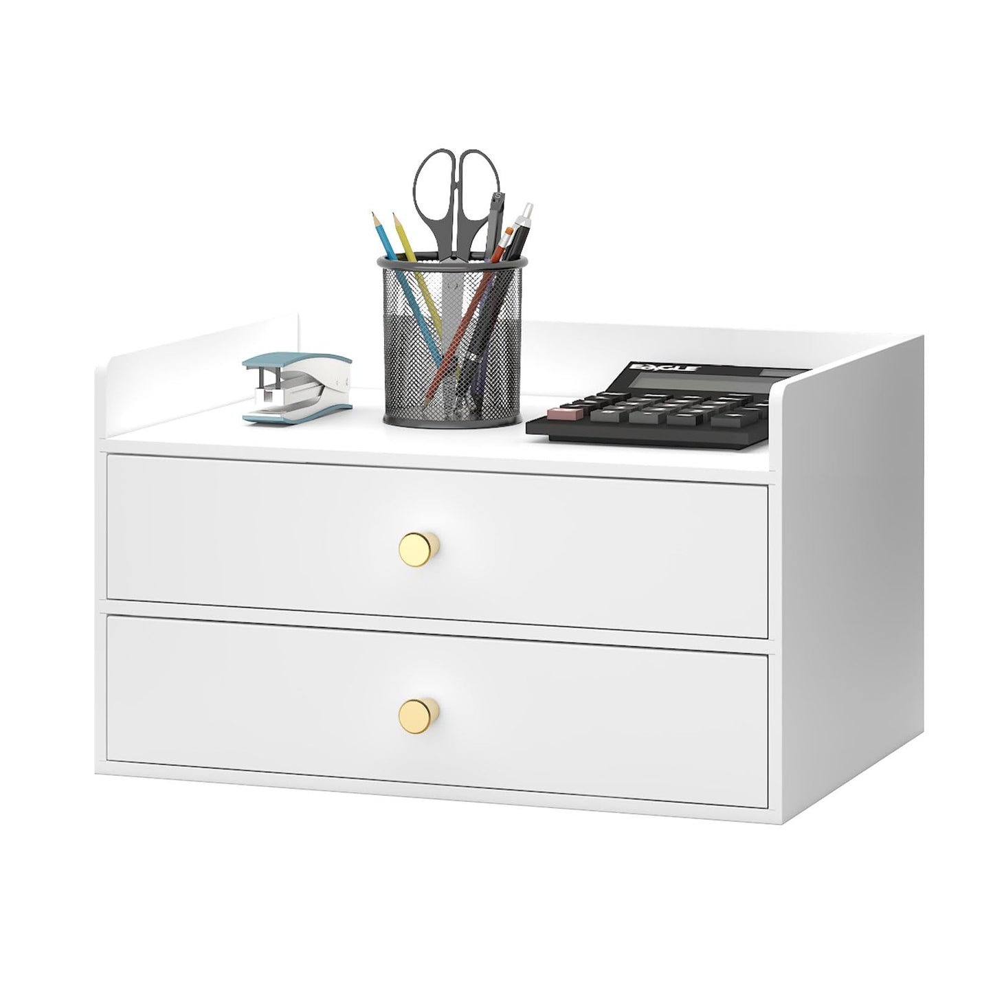Bamboo Desk Organizer with Drawers Wooden Desktop Storage Organization Box for Bills Office Supplies Kitchen Utensils Organizing Tool for Home Classroom Vanity, No Assembly Required (2 Drawers, White)