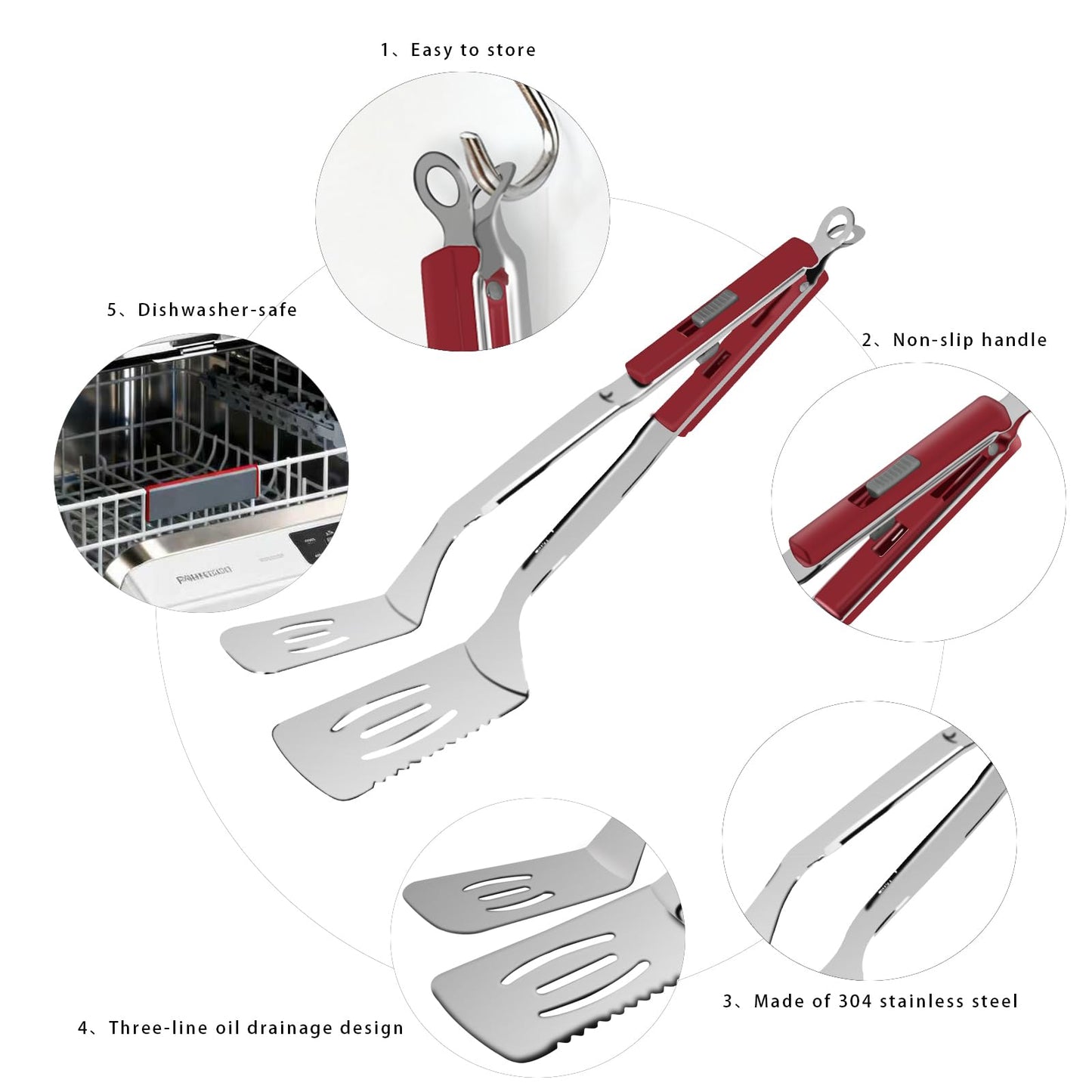 13.5-inch Stainless Steel Tongs for Cooking – Versatile Metal Spatula Tongs for Flipping, Picking Up, Cutting, and Stir-Frying Meats and Other Foods. Kitchen Tongs Durable and Multifunctional.(Red)