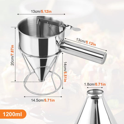 Cake Batter Dispenser, Stainless Steel Funnel Cake Dispenser with 4 Silicone Nozzles with Stand Baking Tool for Pancakes Cupcakes Muffins Crepes Waffles(40oz,1200ml)