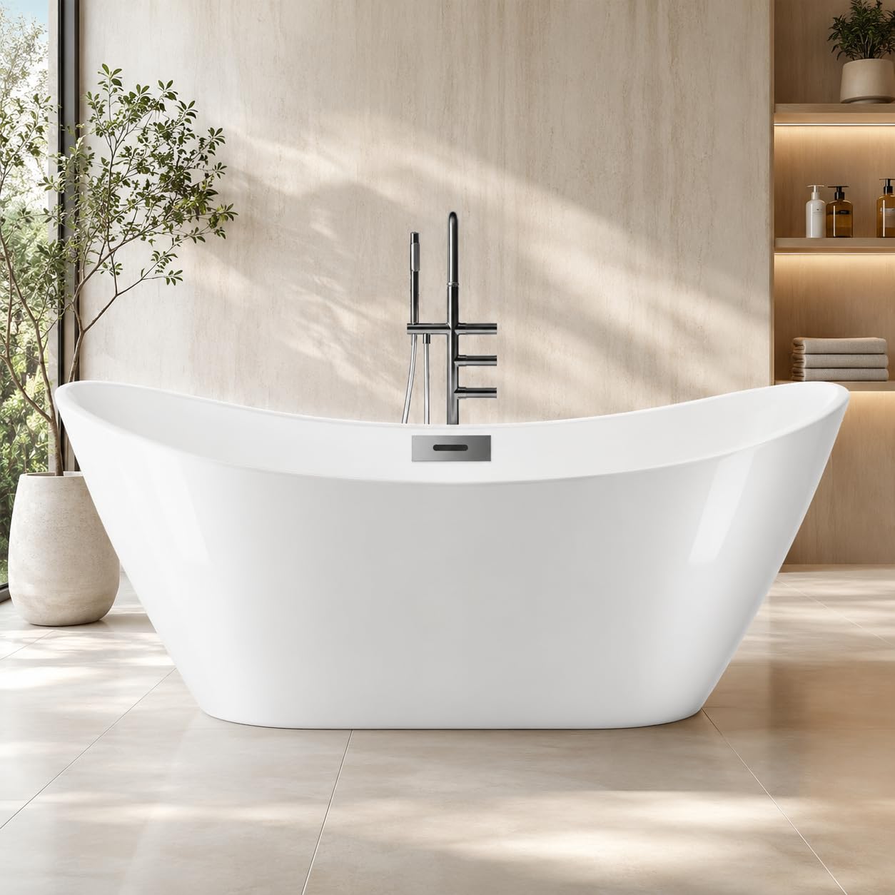 67" Acrylic Freestanding Bathtub, Deep Soaking Tub with Non-Slip Surface, Modern Free Standing Bath Tub, Chrome Drain, CUPC Certified, Easy Install, Space-Saving Bathtub for Bathrooms, White