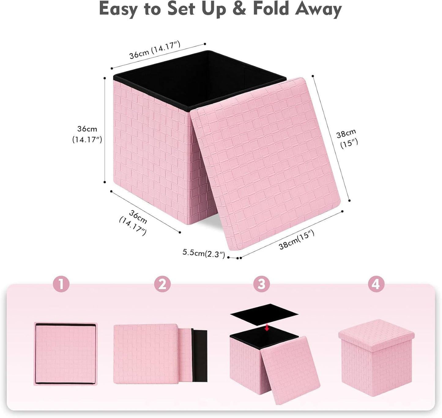 15"x15"x15" B FSOBEIIALEO Storage Ottoman, Faux Leather Footrest Seat, Ottoman with Storage Cube, Storage Box (Pink