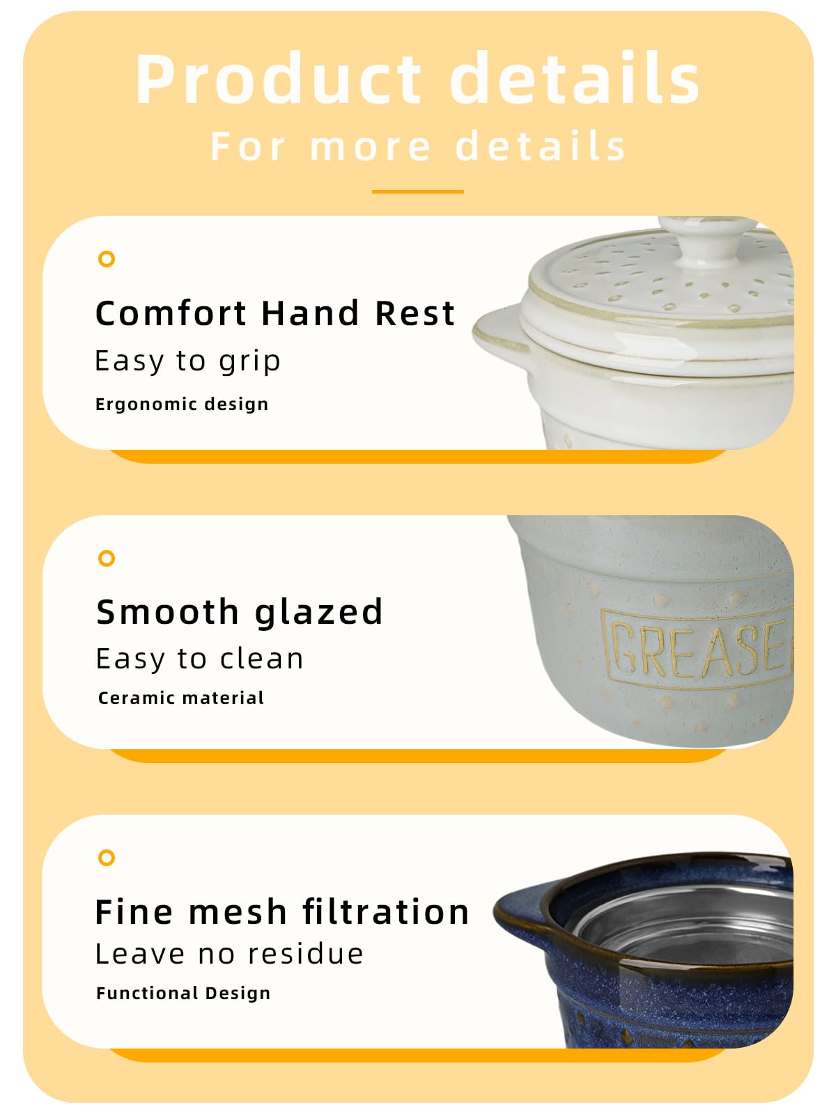 GDCZ Ceramic Bacon Grease Container with Strainer, 18 Oz Bacon Grease Keeper, Bacon Fat Strainer Cooking for Grease Drippings and Storage (Blue)