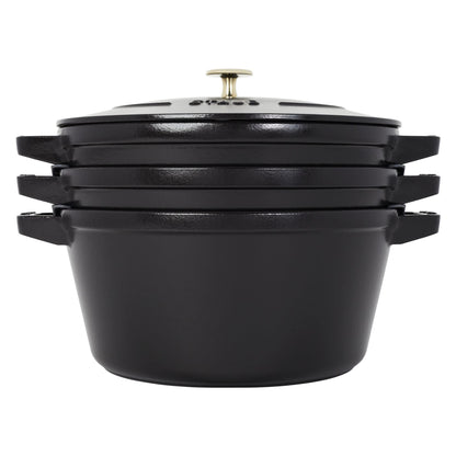 STAUB Cast Iron Set 4-pc, Stackable Space-Saving Cookware Set, Dutch Oven, Skillet, Grill Pan with Universal Lid, Made in France, Matte Black