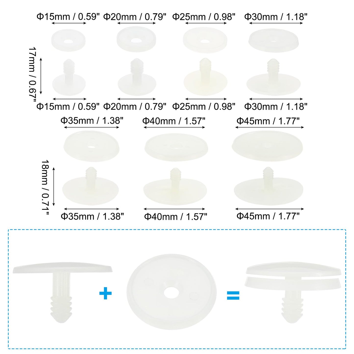 PATIKIL 15, 20, 25, 30, 35, 40, 45mm Doll Joints, 42 Set Plastic Removable Animal Joints Connector Engage Bolt for Bear Limbs Making Head Joints DIY Crafts