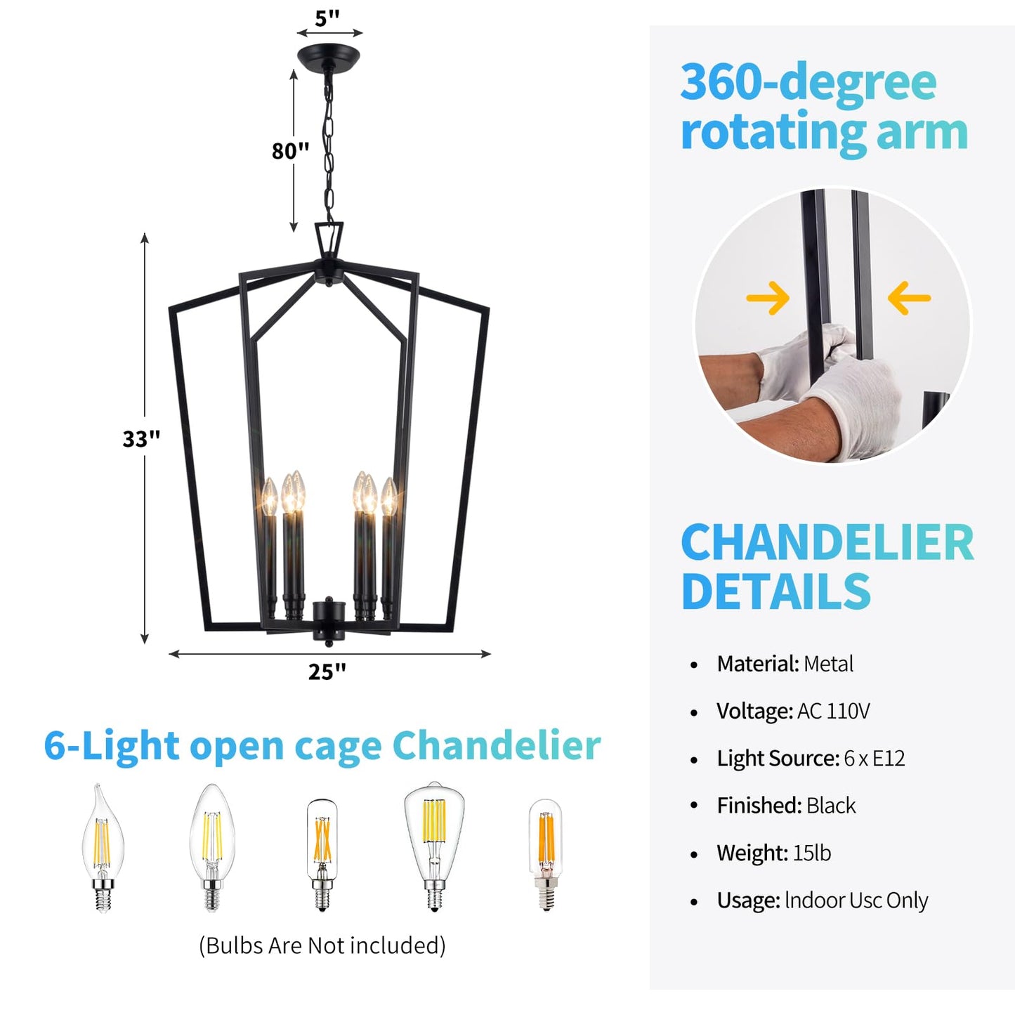 Vezzio 6-Light Black Chandelier for Entryway Foyer, D25 Inch Modern Farmhouse Industrial Pendant Light Fixture Adjustable Chain Dimmable for High Ceiling Dining Room Kitchen Island Hallway Stairway